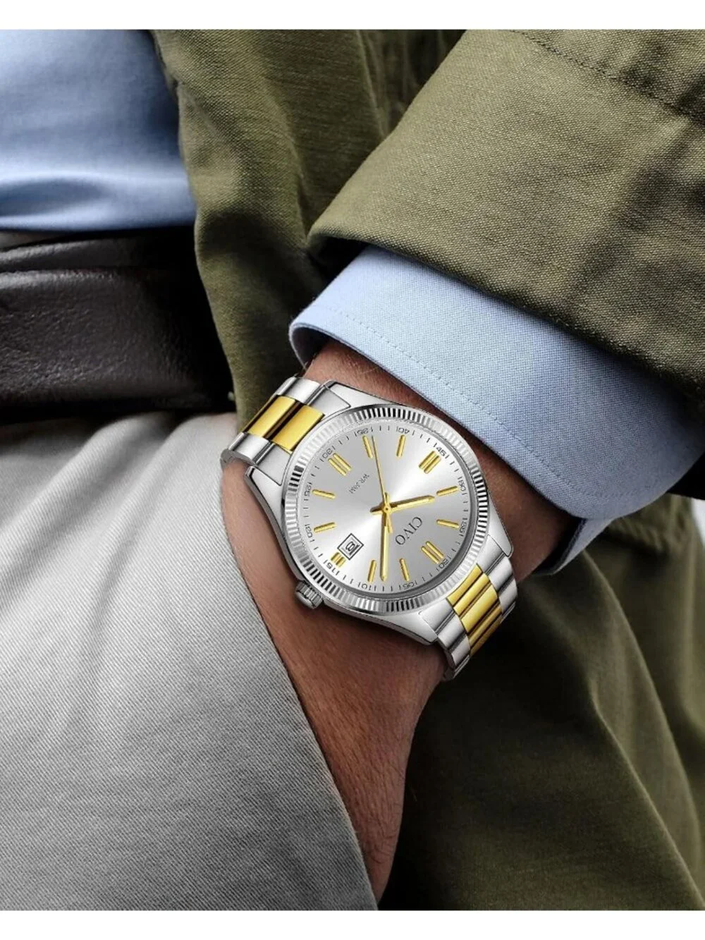 Mens Silver Gold Analog Quartz Skeleton Stainless Steel Round Casual Wrist Watch